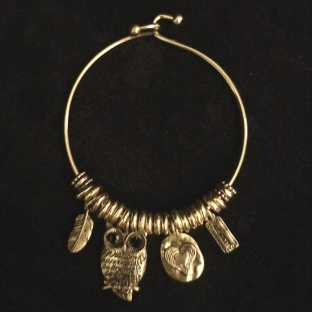 Gold Finished Bangle Bracelet with Mini Owl, Heart, Feather and Bar Shap…